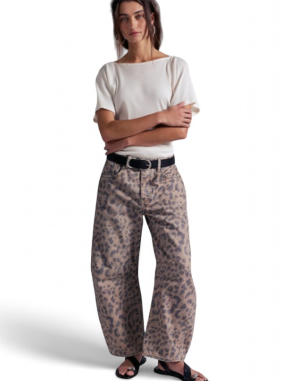 Free People Good Luck Barrel Jeans Leopard Print Animal Print Size 28S